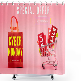 Personality  Red Tags With Sale In Shopping Trolley Near Paper Bag With Cyber Monday Lettering On Pink Shower Curtains