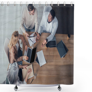 Personality  Overhead View Of Multicultural Colleagues Talking And Sitting At Table During Meeting  Shower Curtains