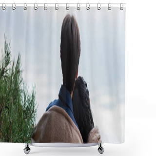Personality  Back View Of Couple In Blanket Standing Near Fir Branch Outdoors, Banner  Shower Curtains