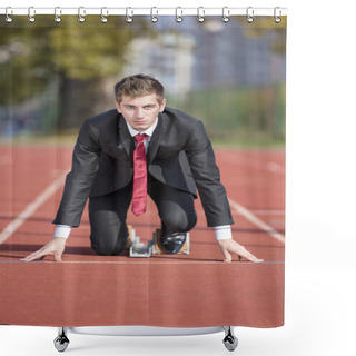 Personality  Business Man In Suit Starting And Preparing To Run On The Competition Running Performance Track Shower Curtains