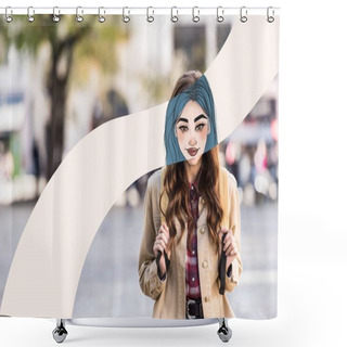 Personality  Girl With Illustrated Face And Backpack In City Shower Curtains