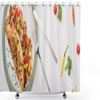 Personality  Top View Of Plate With Wrapped Omelet With Vegetables On White Table With Chili Peppers, Tomatoes And Broccoli Shower Curtains