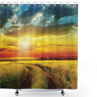Personalise  Sunset Over Field Picture Shower Curtains