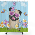 Pug Shower Curtain, Puppy on The Field Flowers Butterflies Heart Shaped Clouds Open Sky, Cloth Fabric Bathroom Decor