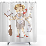 Mothers Day Shower Curtain,Woman with Many Heads Busy Routine of a Housewife Theme Cartoon Design,Cloth Fabric Bathroom Decor